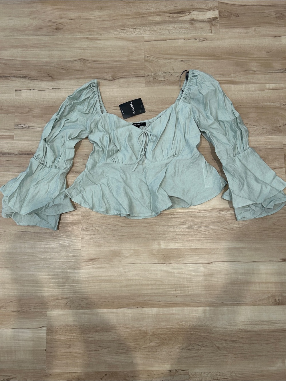 Sage Green Ruffle Sleeve Tie-Front Peplum Top